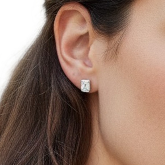 Rachel Glauber Jewelry - Rachel Glauber Emerald Cut Cubic Zirconia Bezel Set Stud Earrings Silver Tone